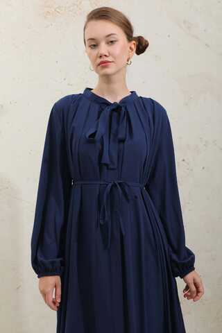 Omzu Pileli Fularlı Elbise Lacivert - 8