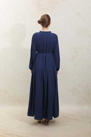 Omzu Pileli Fularlı Elbise Lacivert - 10