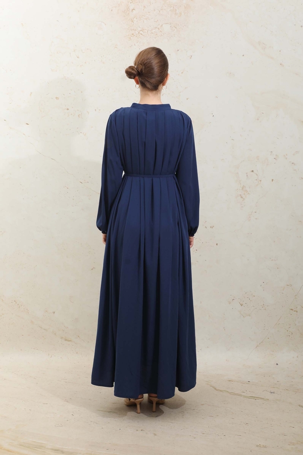 Omzu Pileli Fularlı Elbise Lacivert - 10