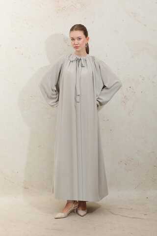 Omzu Pileli Fularlı Elbise Taş - 2