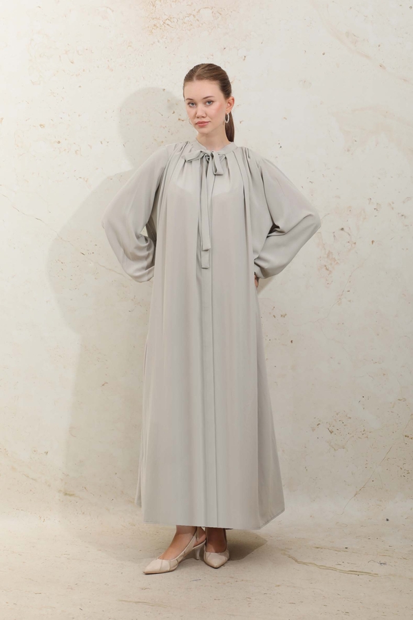 Omzu Pileli Fularlı Elbise Taş - 2