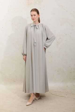 Omzu Pileli Fularlı Elbise Taş - 3