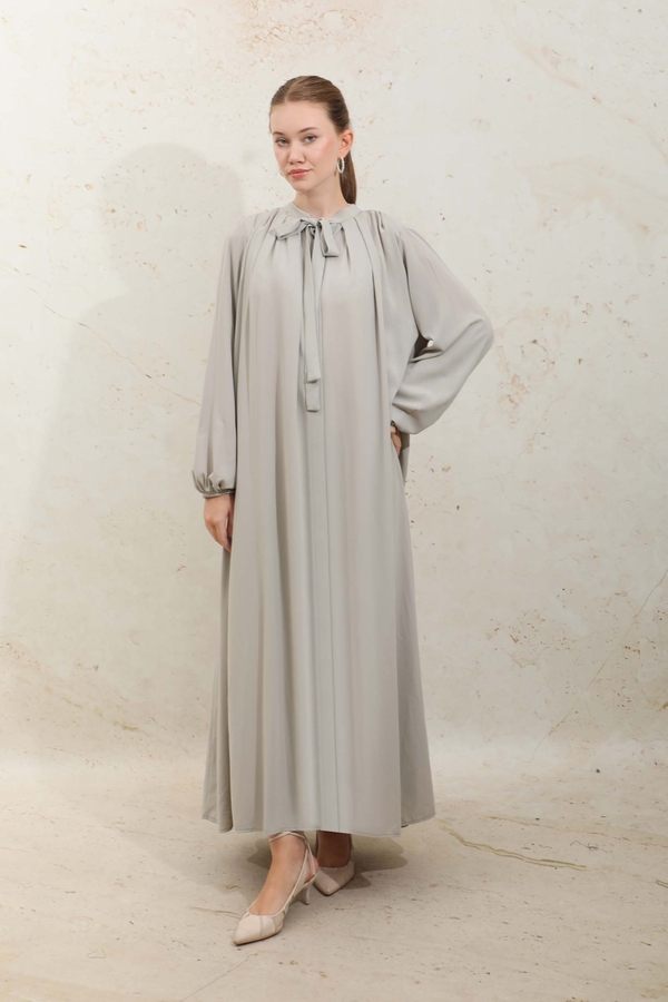 Omzu Pileli Fularlı Elbise Taş - 3