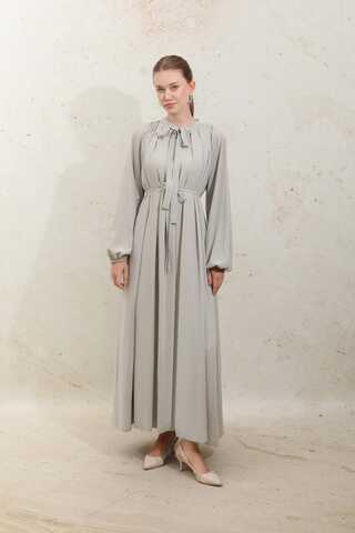 Omzu Pileli Fularlı Elbise Taş - 4