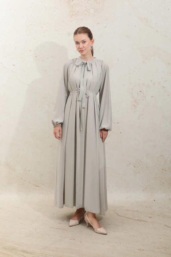 Omzu Pileli Fularlı Elbise Taş - 4