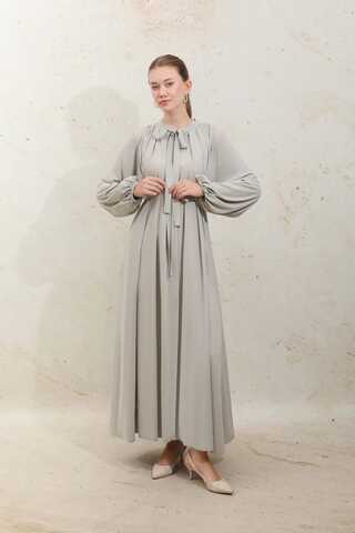 Omzu Pileli Fularlı Elbise Taş - 5