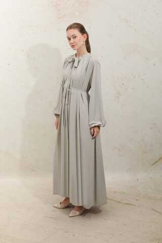 Omzu Pileli Fularlı Elbise Taş - 6