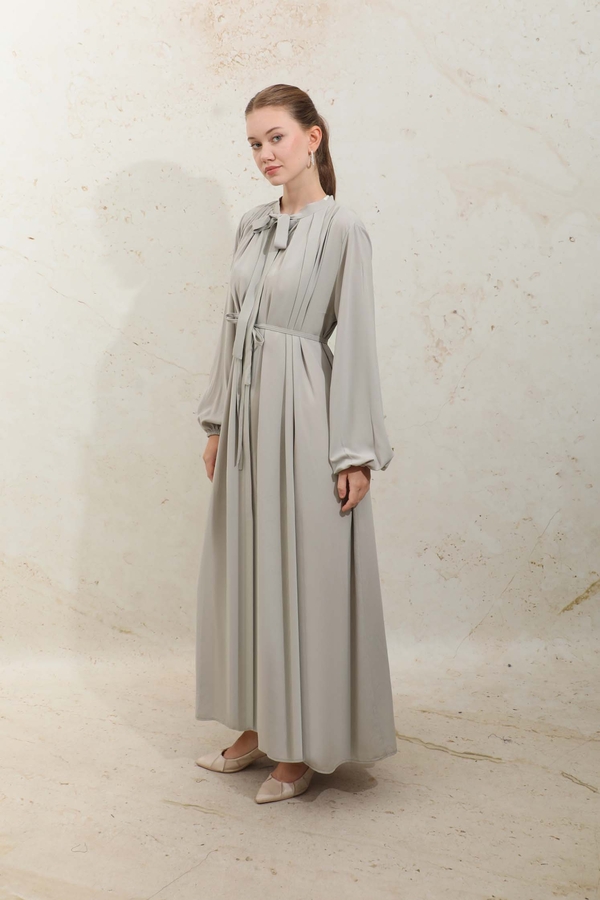 Omzu Pileli Fularlı Elbise Taş - 6