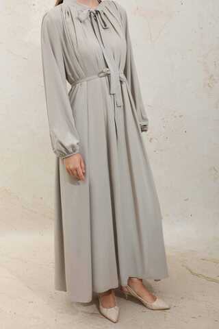 Omzu Pileli Fularlı Elbise Taş - 1