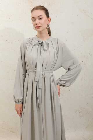 Omzu Pileli Fularlı Elbise Taş - 7