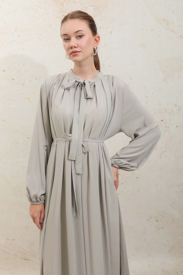 Omzu Pileli Fularlı Elbise Taş - 7