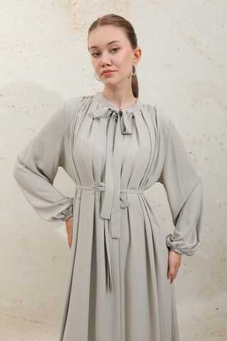 Omzu Pileli Fularlı Elbise Taş - 8