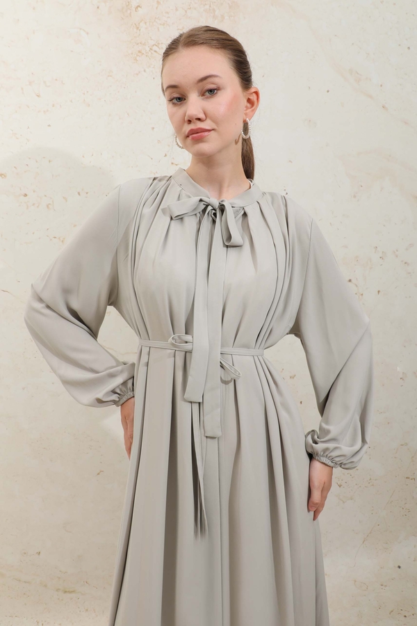 Omzu Pileli Fularlı Elbise Taş - 8