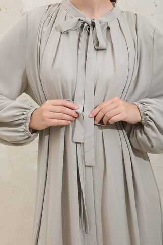 Omzu Pileli Fularlı Elbise Taş - 9