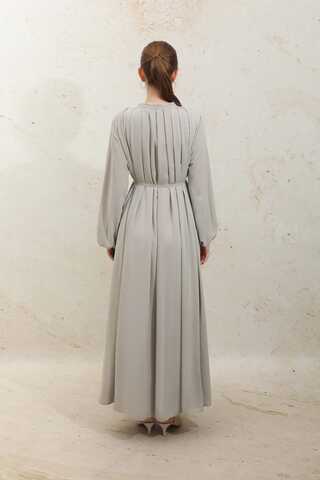 Omzu Pileli Fularlı Elbise Taş - 10