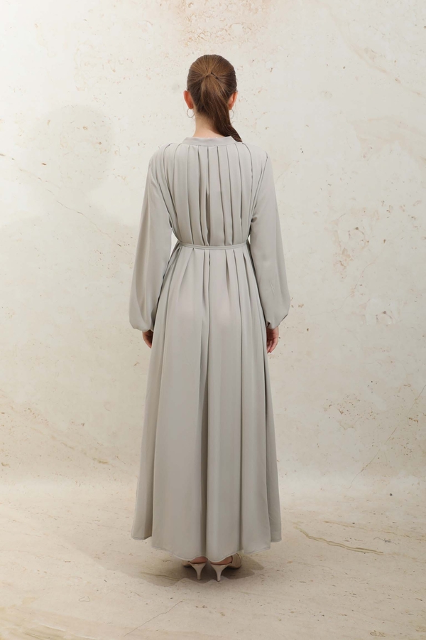 Omzu Pileli Fularlı Elbise Taş - 10