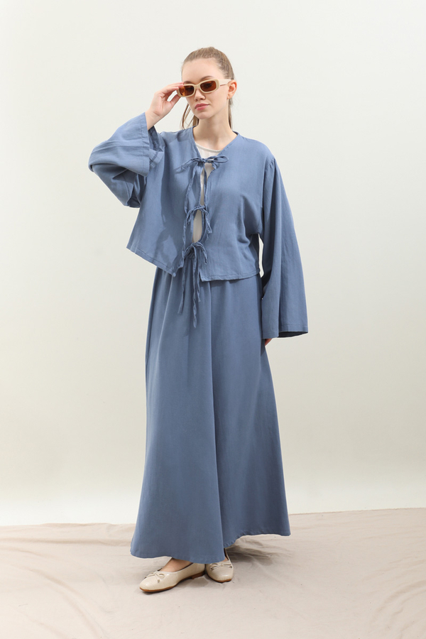 Önden Bağcıklı Etek Takım İndigo - 4