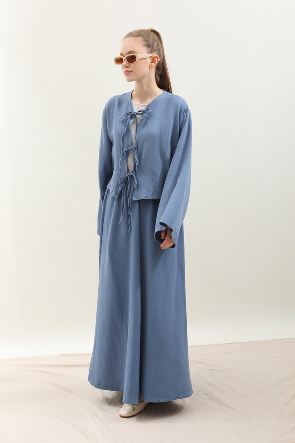 Önden Bağcıklı Etek Takım İndigo - 6