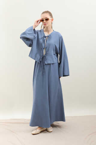 Önden Bağcıklı Etek Takım İndigo - 4