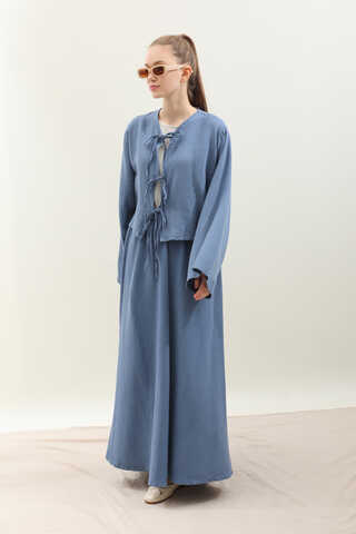 Önden Bağcıklı Etek Takım İndigo - 6