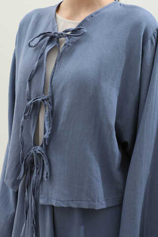 Önden Bağcıklı Etek Takım İndigo - 5