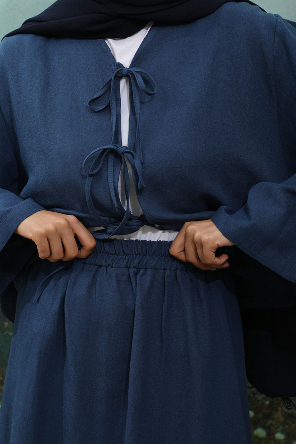 Önden Bağcıklı Etek Takım Lacivert - 5