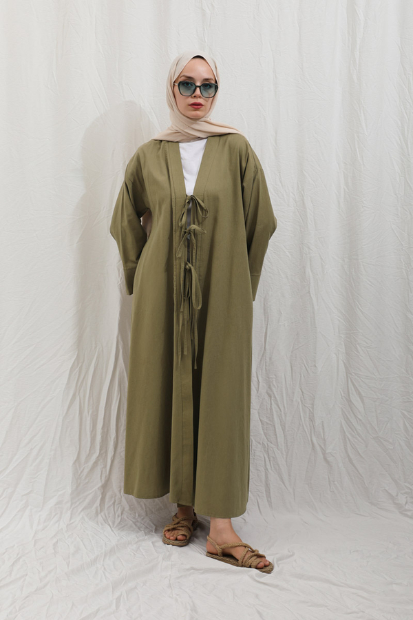 Önden Bağlamalı Abaya Haki - 7