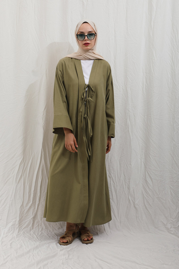 Önden Bağlamalı Abaya Haki - 8