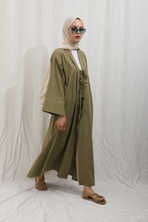 Önden Bağlamalı Abaya Haki - 6