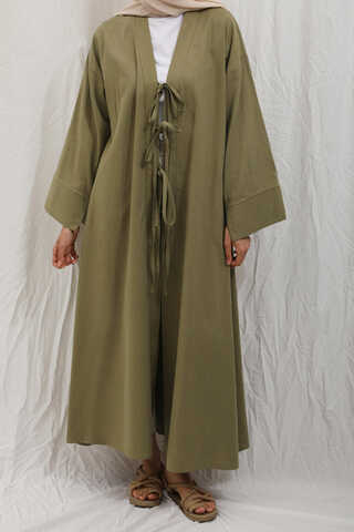 Önden Bağlamalı Abaya Haki - 9