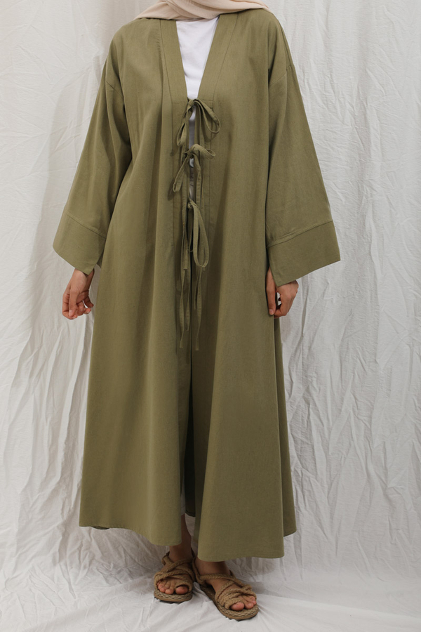 Önden Bağlamalı Abaya Haki - 9