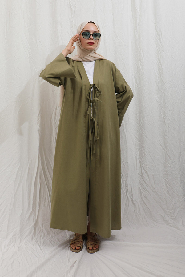 Önden Bağlamalı Abaya Haki - 11