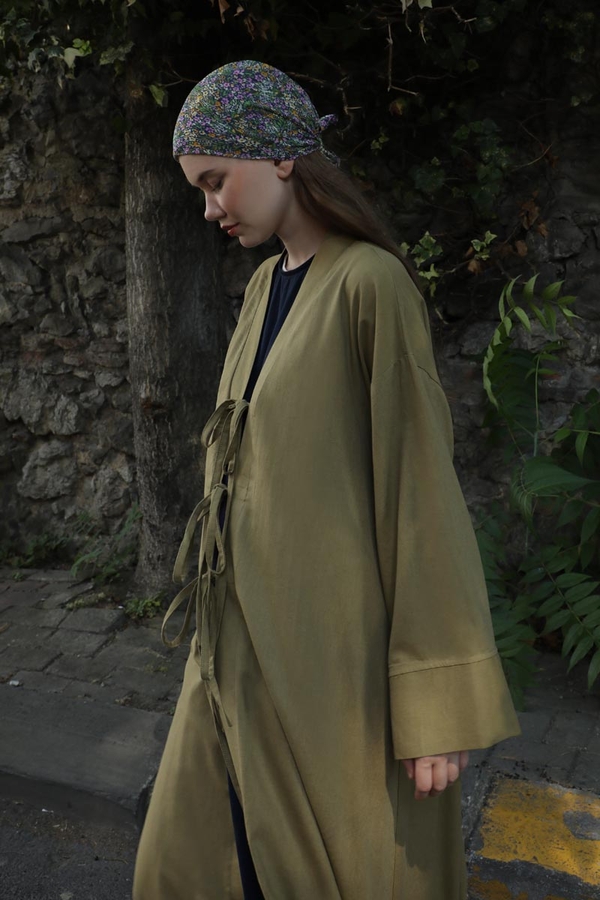 Önden Bağlamalı Abaya Haki - 2