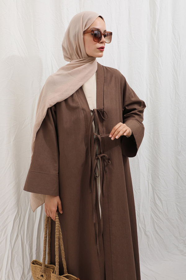 Önden Bağlamalı Abaya Kahverengi - 11