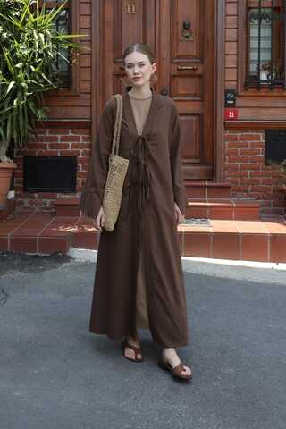Önden Bağlamalı Abaya Kahverengi - 1