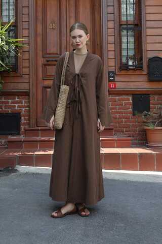 Önden Bağlamalı Abaya Kahverengi - 2