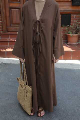 Önden Bağlamalı Abaya Kahverengi - 4