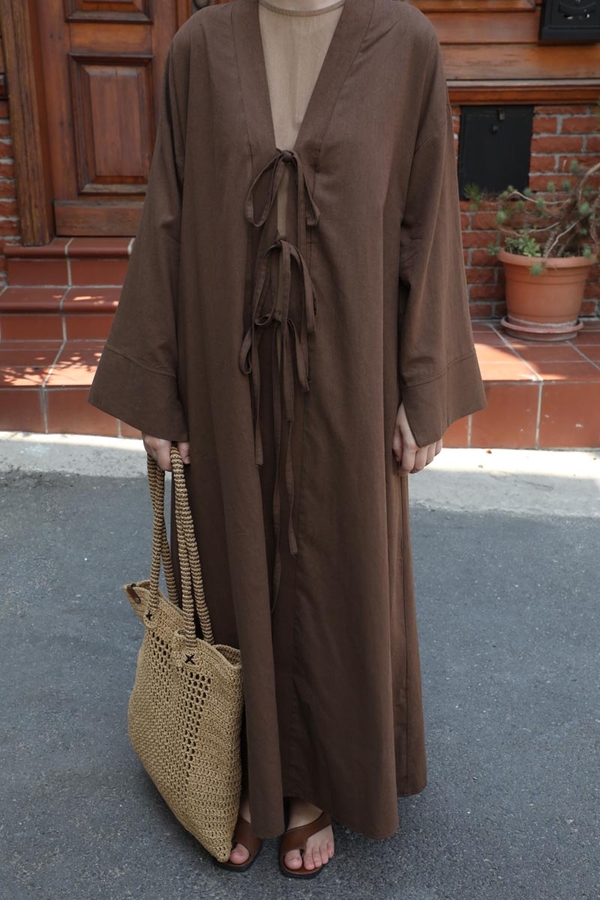 Önden Bağlamalı Abaya Kahverengi - 4