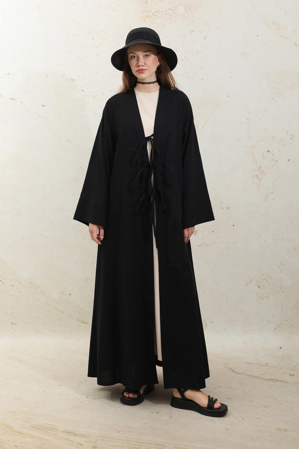 Önden Bağlamalı Abaya Siyah - 1