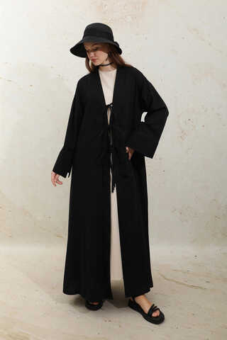 Önden Bağlamalı Abaya Siyah - 3