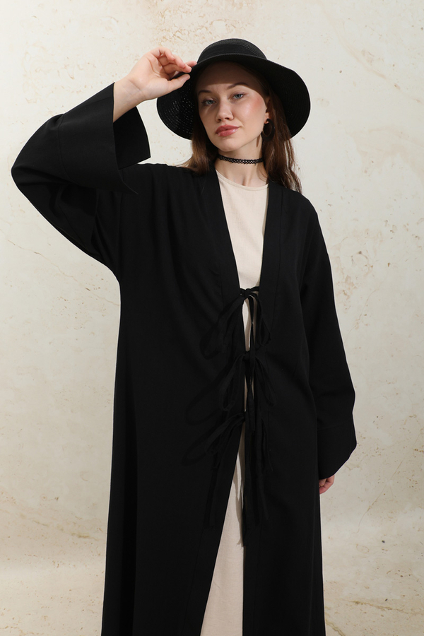 Önden Bağlamalı Abaya Siyah - 4