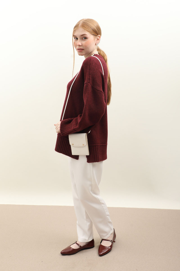 Önden Dikişli Oversize Kazak Bordo - 2