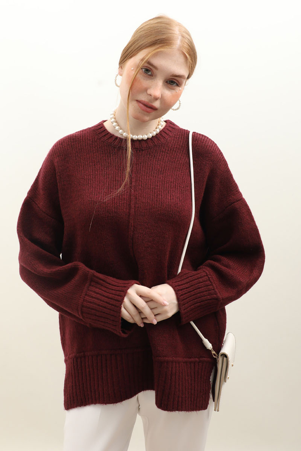 Önden Dikişli Oversize Kazak Bordo - 3