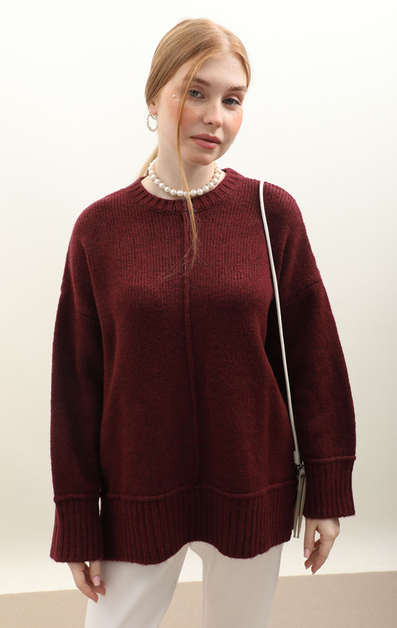 Önden Dikişli Oversize Kazak Bordo - 5