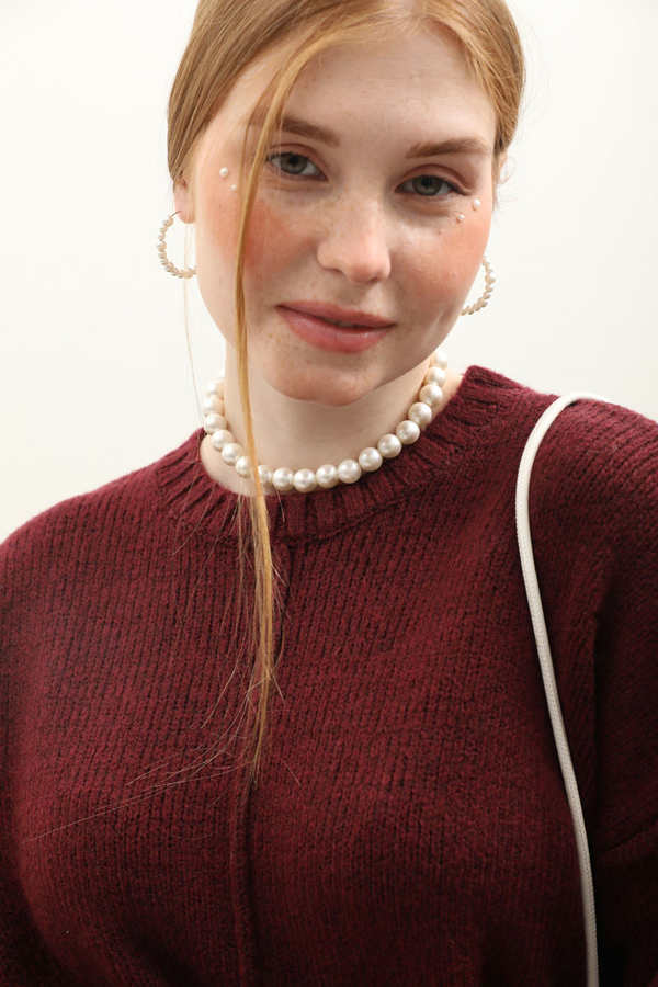 Önden Dikişli Oversize Kazak Bordo - 7