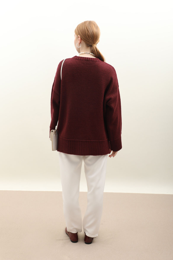 Önden Dikişli Oversize Kazak Bordo - 9
