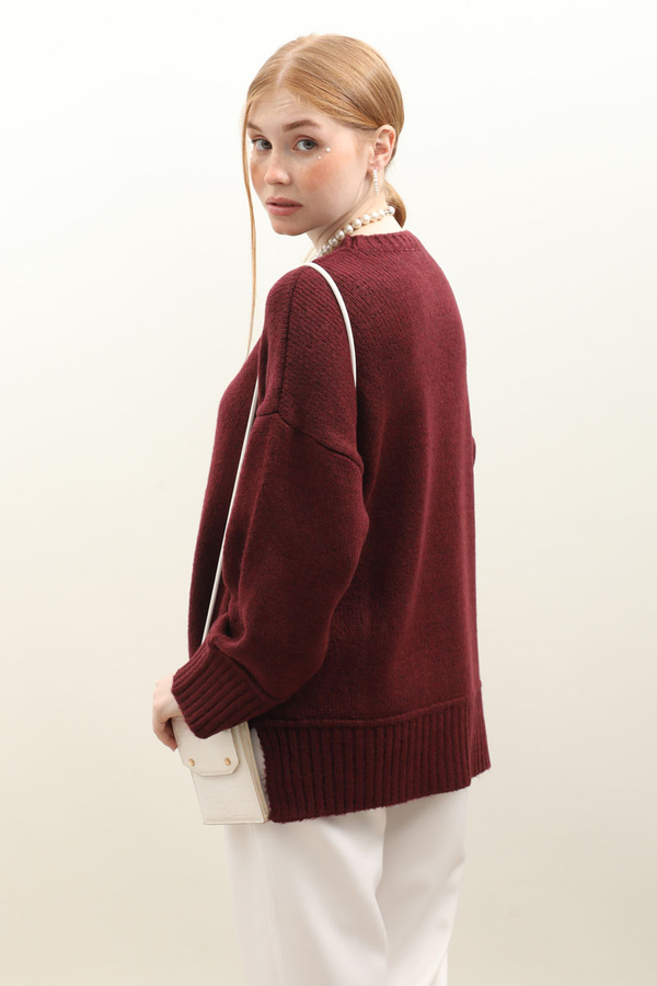 Önden Dikişli Oversize Kazak Bordo - 10