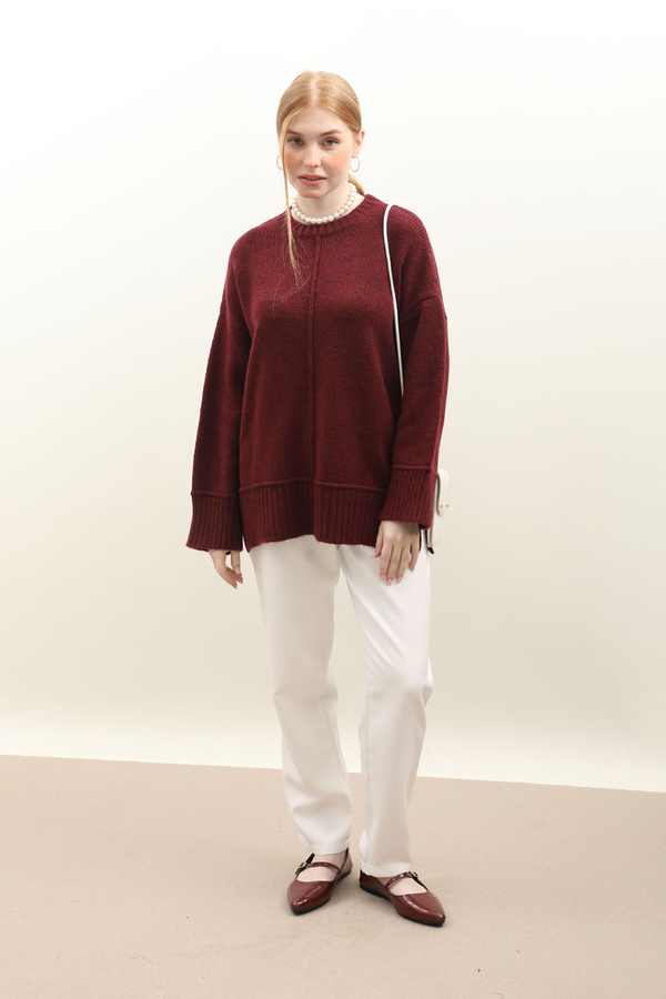 Önden Dikişli Oversize Kazak Bordo - 1