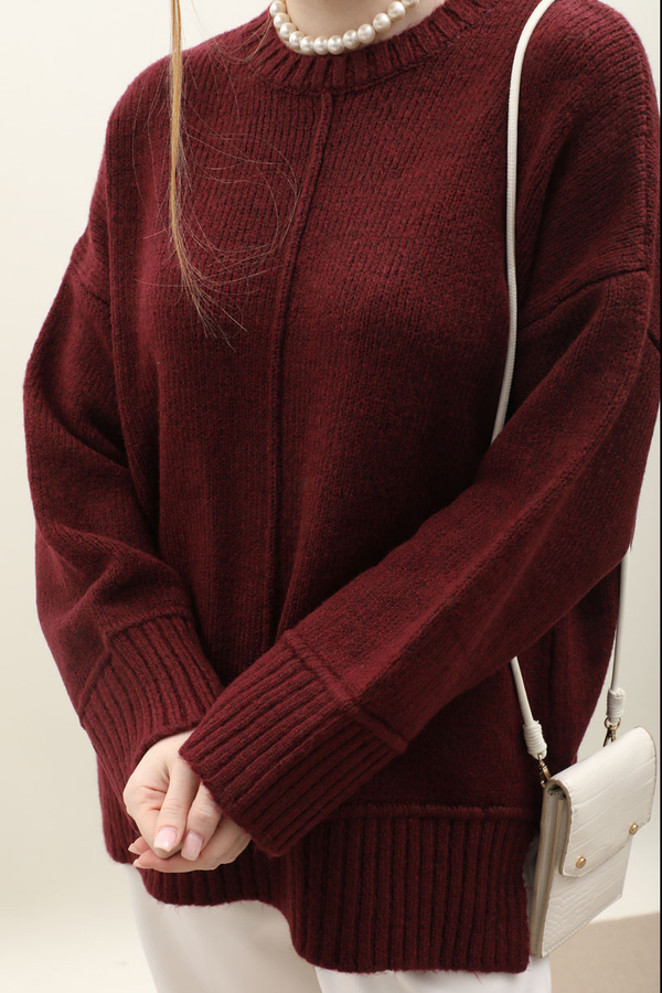 Önden Dikişli Oversize Kazak Bordo - 8