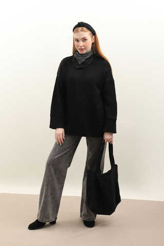 Önden Dikişli Oversize Kazak Siyah - 1